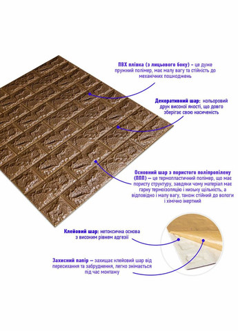 3D панель самоклеюча цегла Коричневий 700х770х7мм (020-7) SW-00000053 Sticker Wall (300242150)