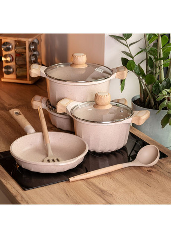 Набір посуду 3 каструлі сковорода алюмінієва товстодонна антипригарна для готування з лопаткою та ополоником ProDobro (364193374)