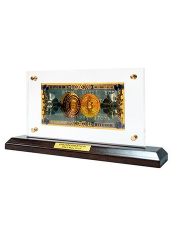 Банкнота на деревянной подставке Банкнота ONE HUNDRED BITCOIN 28х14 см 1600077 сувенир No Brand (346533672)