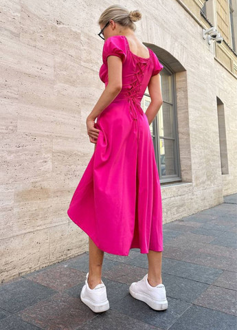 Рожева повсякденний вишукана легка літня міді сукня з короткими рукавами ліхтарик та шнурівкою на спині Allthings з квітковим принтом