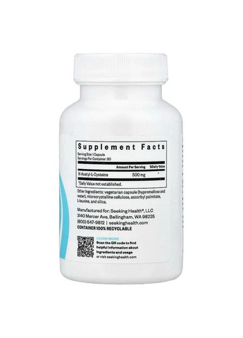NAC (N-Ацетил-L-Цистеїн), 500 мг, N-Acetyl-L-Cysteine,, 90 вегетаріанських капсул Seeking Health (372506280)