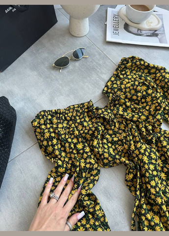 Жовтий коктейльна, пляжна, повсякденний, кежуал, вечірня жіноча сукня кльош FINO Mode з квітковим принтом