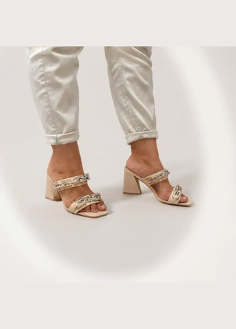 Бежевые женские кожаные босоножки, сабо на каблуке 1060 бежевые L&M без застежки