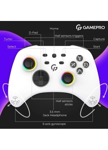 Геймпад GPX13W White, беспроводной, RGB-подсветка, 18 кнопок, аккумулятор 1000 мАч GAMEPRO (371634882)