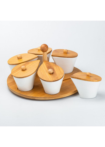 Набор керамических баночек для сыпучих продуктов 6 штук по 100 мл на бамбуковой подставке TS Kitchen (360455403)