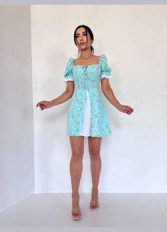 Бірюзова повсякденний жіноча сукня міні з розрізом у квітковий принт а-силует Україна з квітковим принтом