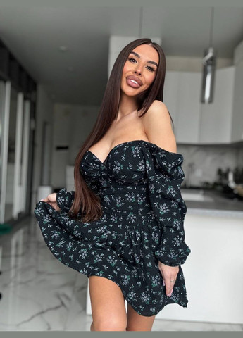 Женский комбинезон FINO Mode комбинезон-шорты цветочный чёрный повседневный, кэжуал, коктейльный, вечерний муслин