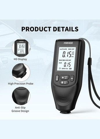 Товщиномір фарби цифровий HW400 0-2000 мкм Fe и Nfe Чорний (R051122) Icar (349843798)