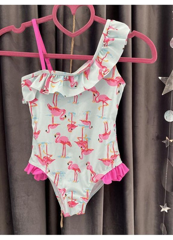 Блакитний літній купальник для дівчинки з фламінго суцільний BabyStyle