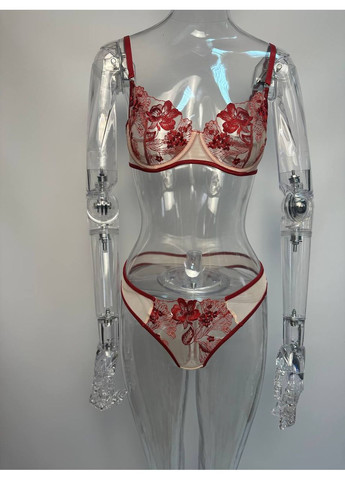 Червоний демісезонний комплект жіночої спідньої білизни квіткова з мереживом набір бюстгальтер трусики колір синій No Brand Комплект нижньої білизни Квіткова