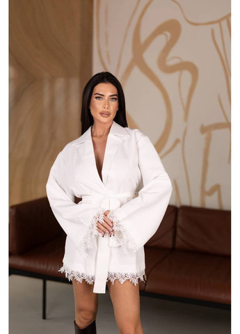 Молочна кежуал жіноча сукня-жакет з поясом та мереживним оздобленням No Brand однотонна