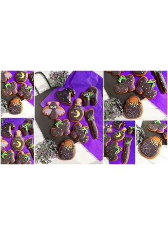 Пряники на Хеловін, сет з 8 штук, шляпа, мітла, кіт, еліксир, 2 ботинка, котел, кажанчик No Brand (351456563)