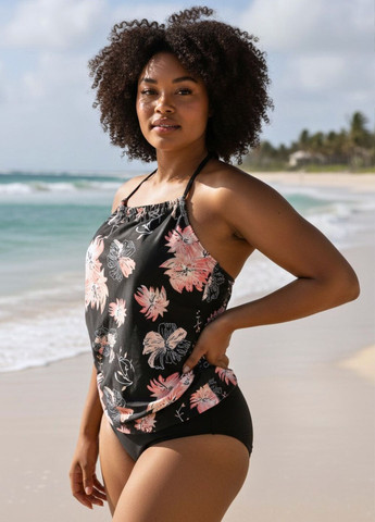 Чорний літній роздільний купальник two-piece plus size athletic swimwear (8387) FS