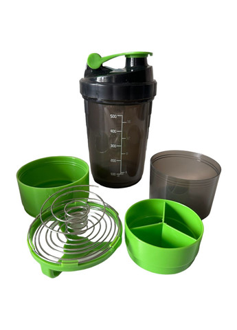 Шейкер спортивний 500 мл + 2 відсіки Чорний із зеленим No Brand Шейкер 2х Зелений (303699631)