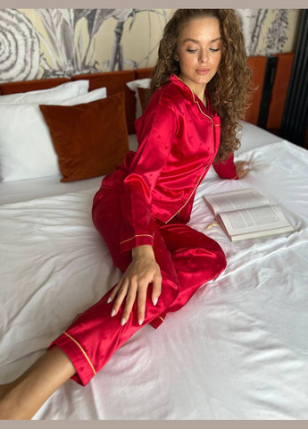 Червона всесезон жіноча тепла піжама з сорочкою рубашка + брюки No Brand Піжама