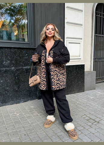 Черная стильный теплый спортивный костюм из турецкого качественного флиса принт леопард No Brand