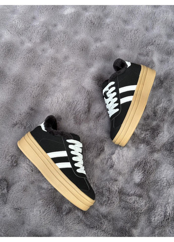 Кросівки жіночі зимові чорні білі смужки на бежевій платформі замшеві теплі з хутром снікерси повсякденні No Brand (365307544)