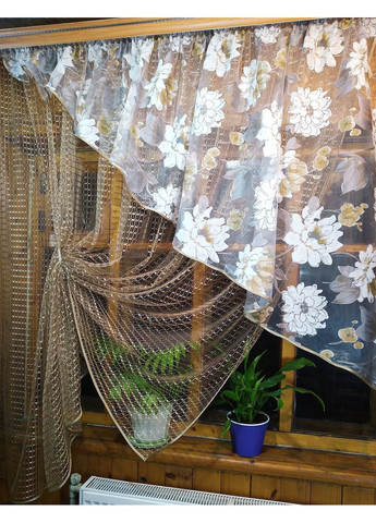 Кухонная занавеска короткая Фаина кофейная золотой цветок правая No Brand (372133906)