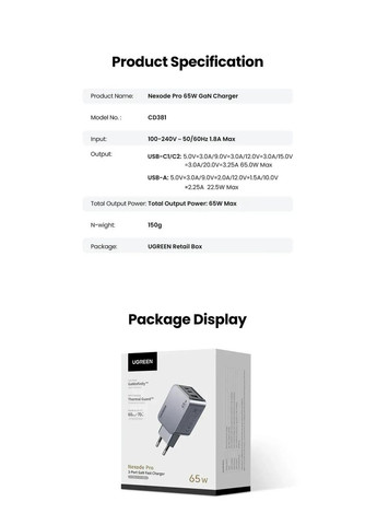 Зарядный адаптер - блок CD381 Nexode Pro 65W 3 порта 2C1A (UGR-25261) Ugreen (333144173)