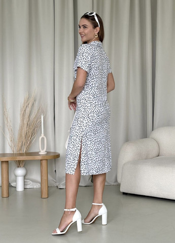 Белое пляжное, повседневный, кэжуал, коктейльное летнее легкое платье-поло с пояском в цветочек из штапеля поло Merlini леопардовый