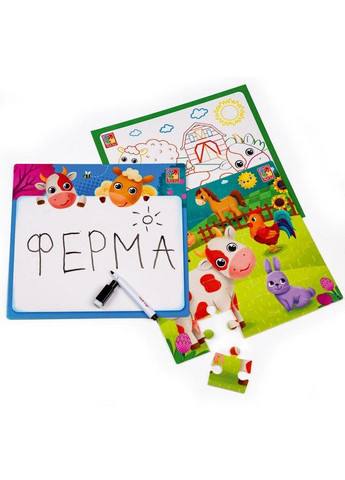 Розвиваючий набір 4 в 1 "Ферма" VT2002-01 пазл, розмальовка, маркер Vladi toys (372495697)