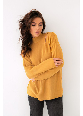 Бежевий демісезонний светр жіночий довгий прямий виріз на плечі стійка 46/48 гірчиця No Brand