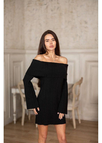 Чорна повсякденний жіноча в'язана сукня з відкритими плечима з відкритими плечима KaraMix однотонна