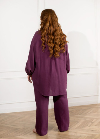 Фиолетовая всесезон женская пижама из хлопка рубашка + брюки No Brand