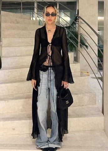 Чёрная шифоновая блуза макси длины с баской Allthings