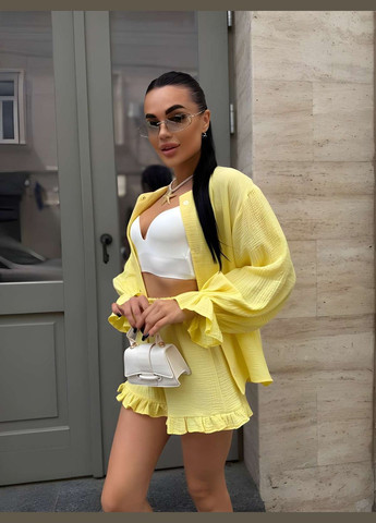 Женский летний костюм муслиновый костюм рубашка и шортики темно-бежевый No Brand (333143175)