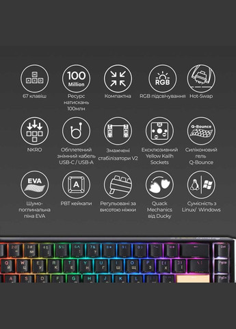 Клавіатура One 3 SF Cherry MX Brown RGB UA USB Black (DKON2167ST-BUAPXCLAWSC1) Ducky (336957765)