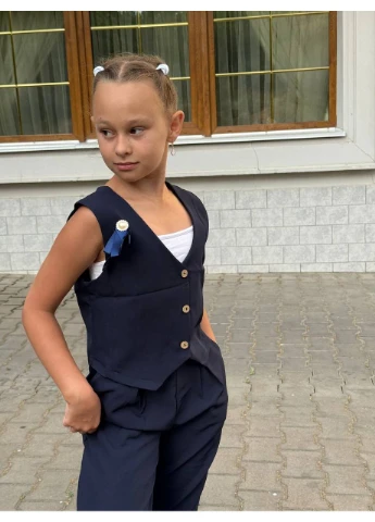 Темно-синій демісезонний дівчачий шкільний костюм брючний FINO Mode