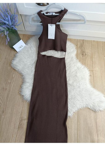 Коричнева сукня міді в рубчик із вирізами на поясі Zara