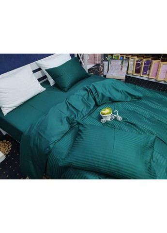 Постільна білизна з резинкою DEEP EMERALD страйп + однотонний сатин Евро розмір, наволочки 70/70 No Brand (363190928)