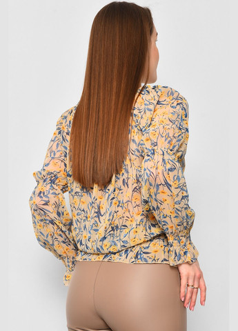 Бежевая демисезонная блуза женская с цветочным принтом бежевого цвета с баской Let's Shop