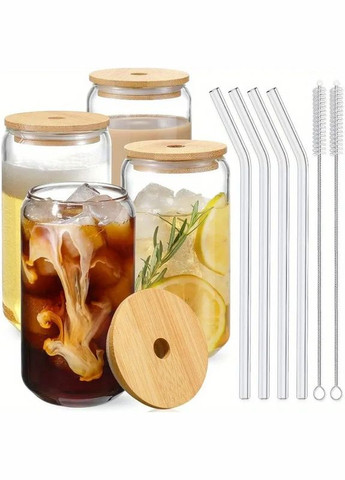 Набір склянок-банок для коктейлів з бамбуковою кришкою та трубочкою - Can 450 мл, 4 шт More (317253873)