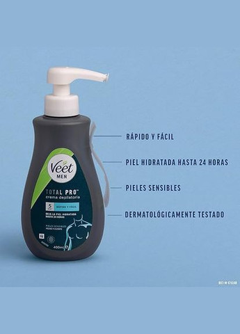 Мужской крем для депиляции волос для груди спины рук и ног чувствительная кожа Men Total Pro Crema Depilatoria 400 мл. Veet (303727825)