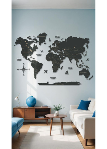 Деревянное панно на подарок Карта Мира с гравировкой "Черное дерево" 200х120 см Decart (360612187)