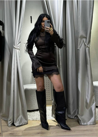 Коричнева сукня жіноча шовкова з мереживом No Brand