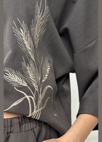 Темно-сіра стильна та елегантна блуза з дизайнерською вишивкою "колоски" INNOE Блуза
