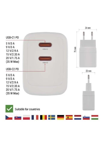Универсальное USB зарядное устройство V03G35 2xUSB-C 15W 220V Emos (398635143)