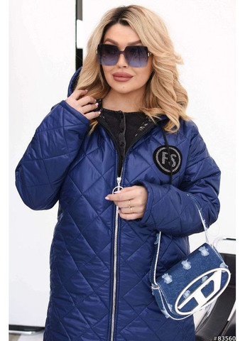 Синяя демисезонная куртка удлиненная стеганная плащевка лаке,синтепон 150,с капюшоном Україна