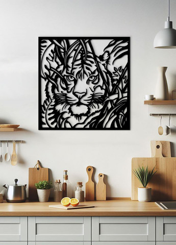 Современные картины для интерьера, современный декор стен "Охота тигра", минималистичный стиль 70х75 см Woodyard (292112009)