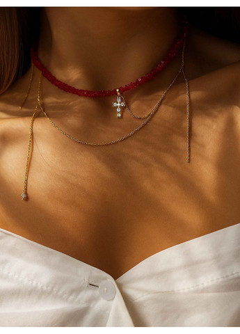 Кольє з хрестиком та ланцюжками в червоному кольорі 5628 LeBijou (369374578)