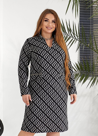 Черное деловое, повседневный, кэжуал платье со стразами и длинными рукавами а-силуэт, футляр No Brand с геометрическим узором