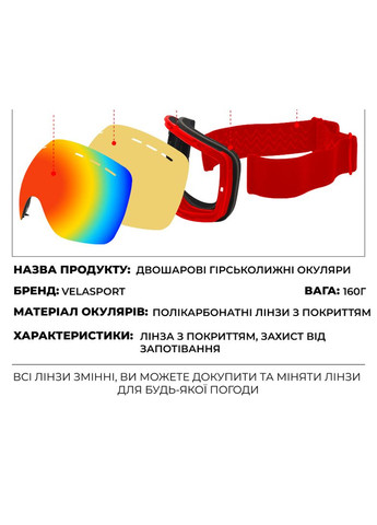 Лыжная маска VLT 25,4% SnowBlade Безрамочные горнолыжные очки для сноуборда с Двумя линзами AntiFog Зеркальная Red&Coloured VelaSport (333832635)
