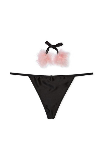 Трусики-стрінги жіночі Satin Pom V-String Panty чорні Victoria's Secret (360647391)