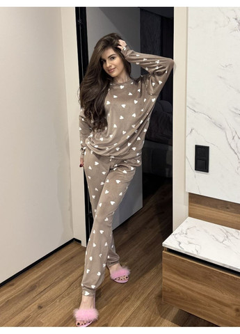Велюровый женский домашний костюм кофейного цвета 36084 No Brand (370139719)