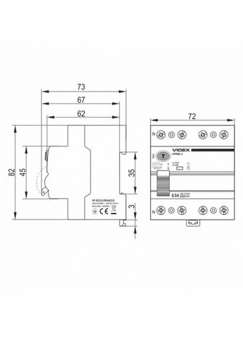 Дифференциальное реле RESIST АС 4п 30мА 10кА 63А (VFRS10-DR4AC63) Videx (305756247)