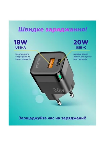 Сетевой зарядное устройство WALKER 20W GaN 34х30х51 мм Черный No Brand (398538707)